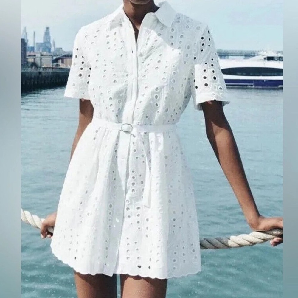 Zara White Eyelet Belted Shirt Dress